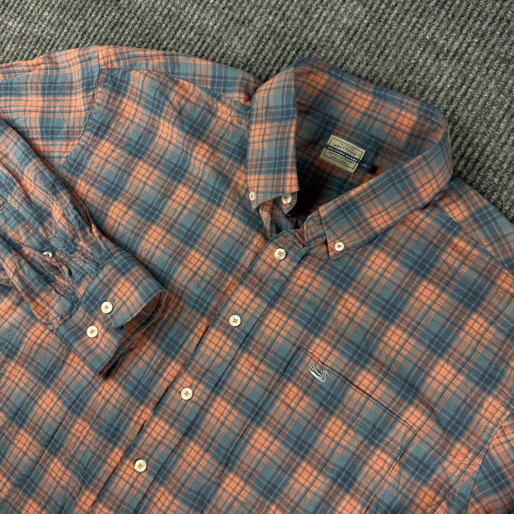 Southern Marsh Outfitters Men XL Plaid Button Down Shirt Orange Navy Blue Cotton